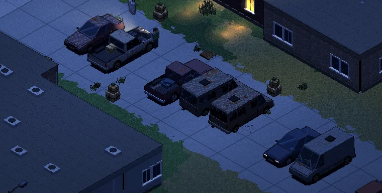 HOLDFAST: a lit apartment block and abandoned cars in a parking lot at night