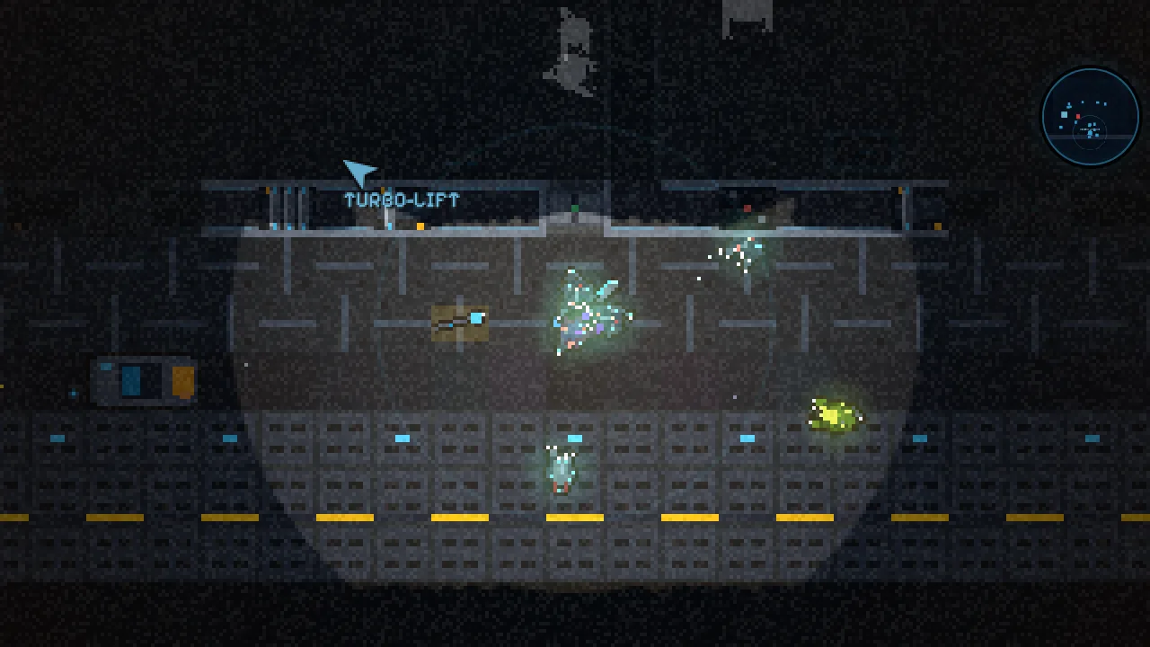 A marine's suit lamp throws a cone of light across a dark hangar deck, with a turbo-lift sign and hive creatures at the edge of the light
