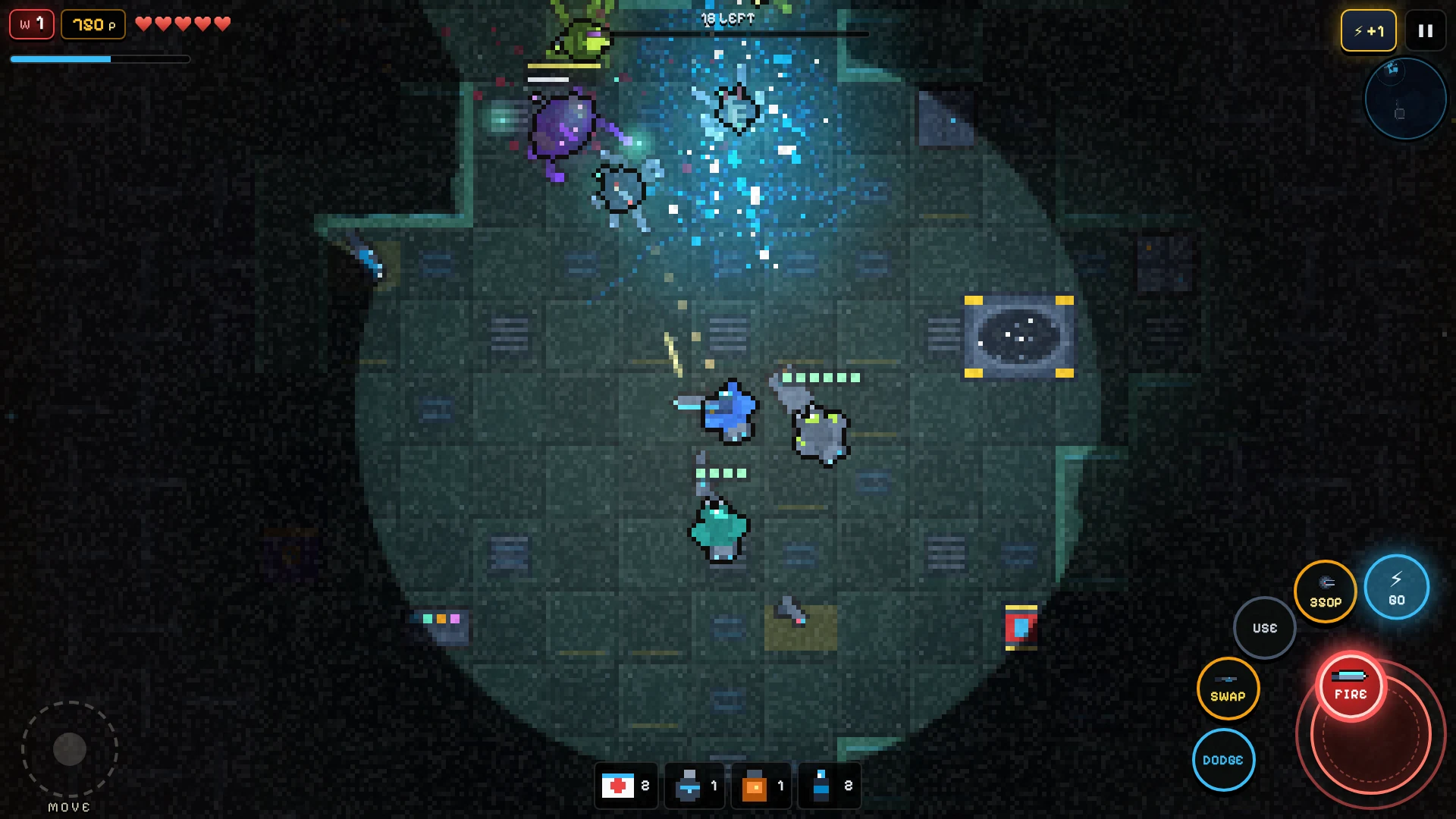 XENO // BREACH screenshot: Bio-Lab Zero: a burst of fire in a green-lit lab as the swarm comes through