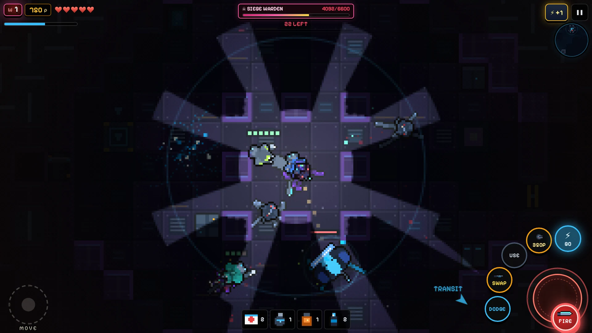 XENO // BREACH screenshot: A boss fight on a violet-lit deck