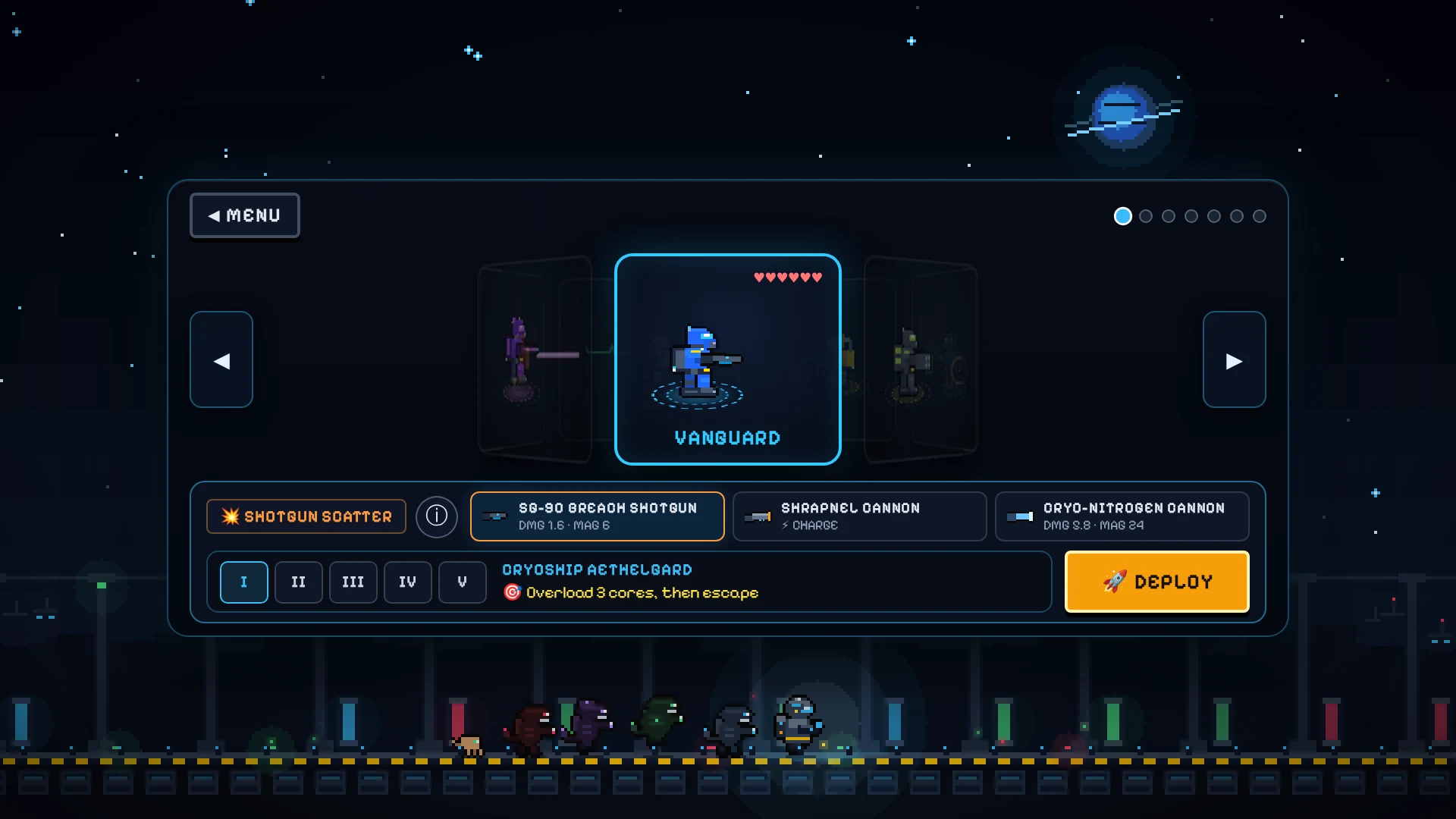 XENO // BREACH screenshot: The deploy screen: operative, weapon class, starter gun and deck