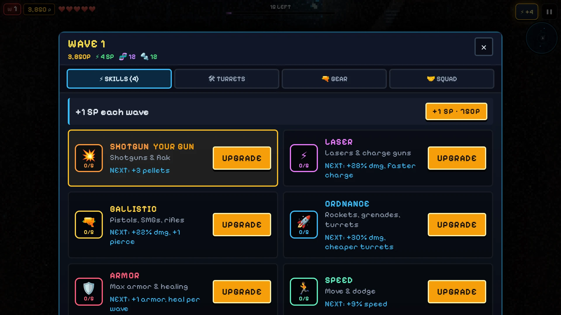 XENO // BREACH screenshot: Tactical Command: six skill trees, ranked up with a skill point every wave