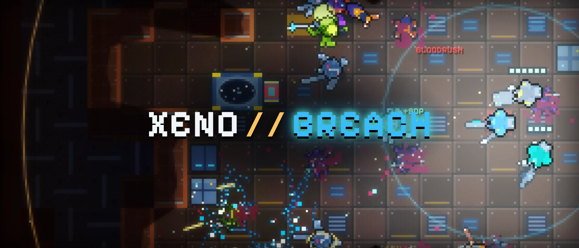 XENO // BREACH logo over a firefight on a starship deck